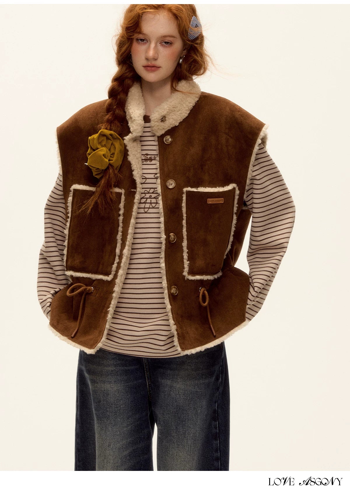ASGONY - Brown Reversible Suede Faux Shearling Drawstring Vest