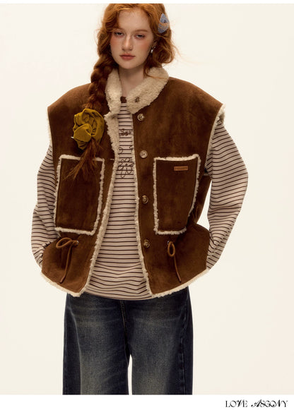 ASGONY - Brown Reversible Suede Faux Shearling Drawstring Vest