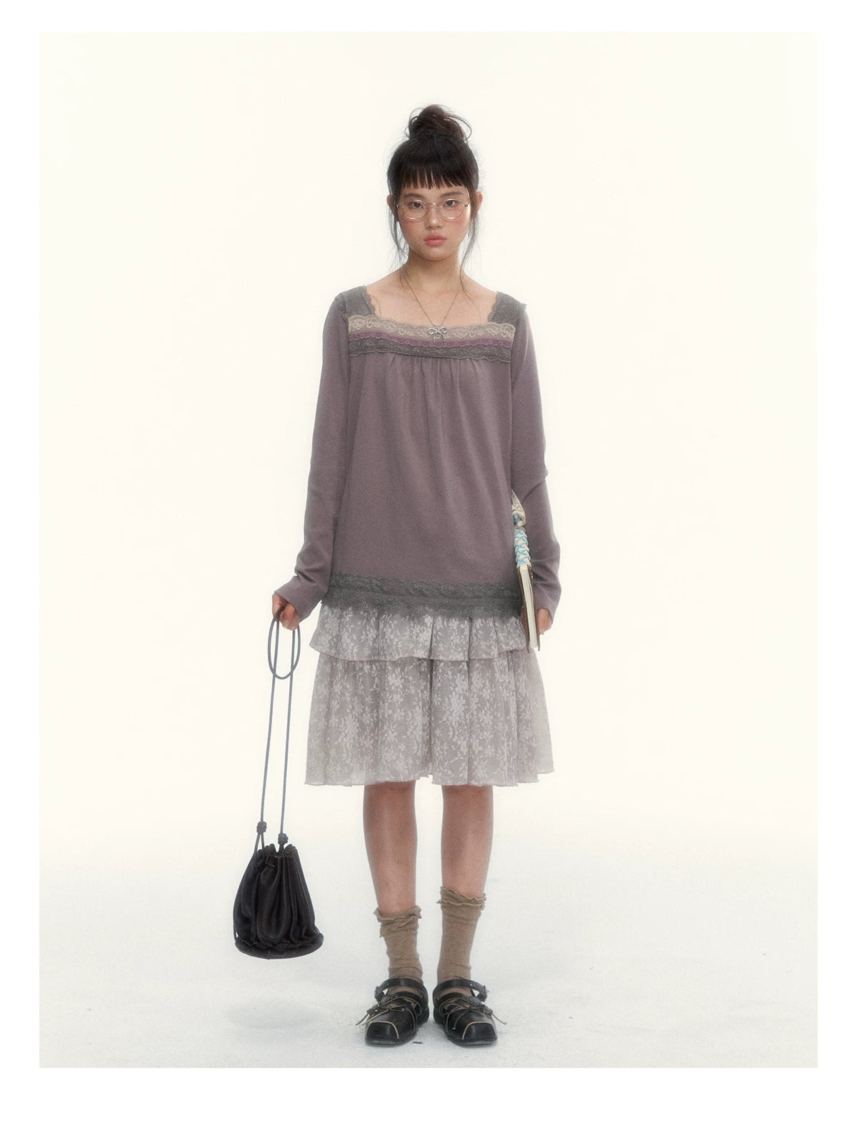 Gray Purple Lace-Trimmed Square-Neck Long-Sleeve T-Shirt