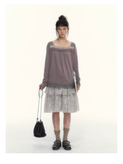 Gray Purple Lace-Trimmed Square-Neck Long-Sleeve T-Shirt
