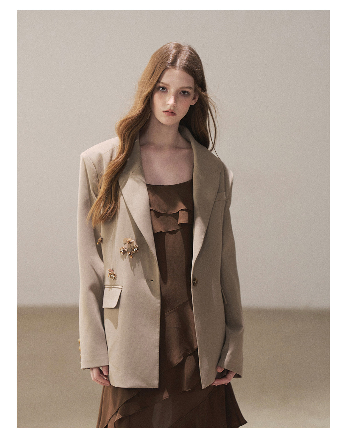 170726 "Whispers Beneath the Brown Skirt" Mocha Mousse Ruffle Cami Mini Dress + Gray Taupe Tailored Blazer
