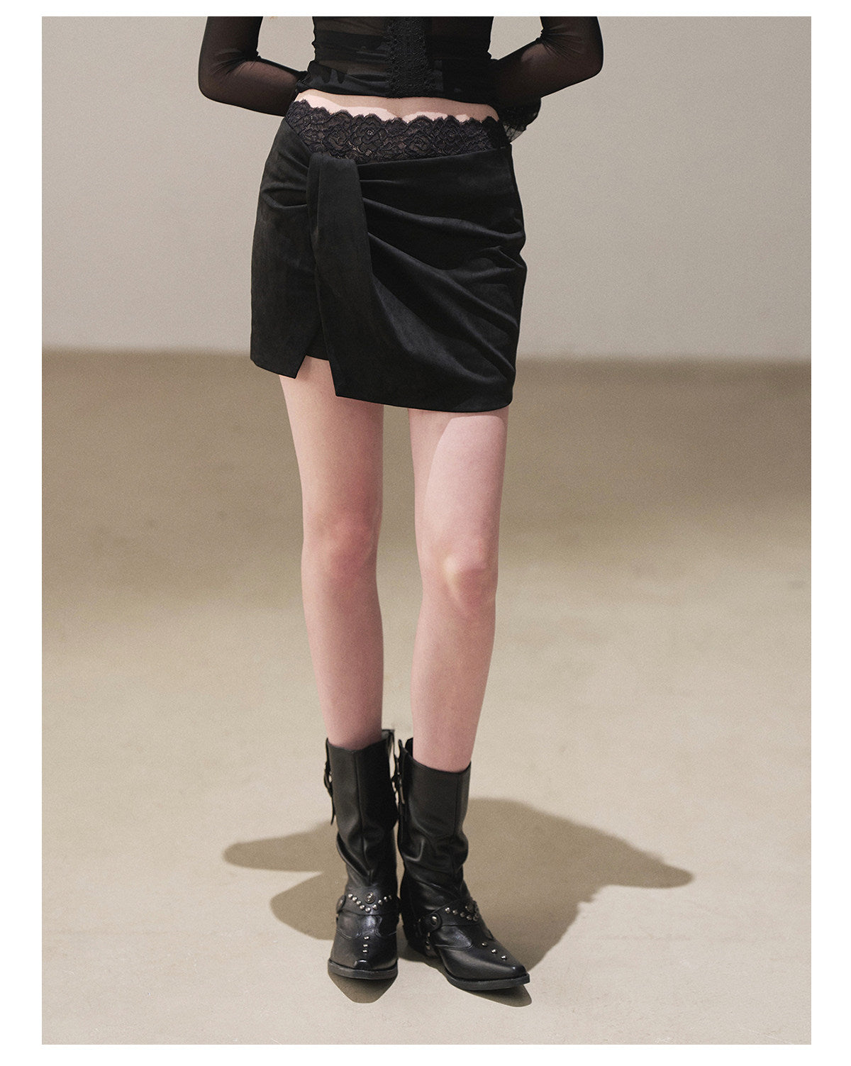 170726 "The Gentle Evening Breeze" Tranquil Black Lace-Trim Faux Layered Wrap Mini Skirt