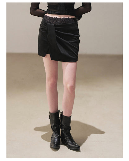 170726 "The Gentle Evening Breeze" Tranquil Black Lace-Trim Faux Layered Wrap Mini Skirt