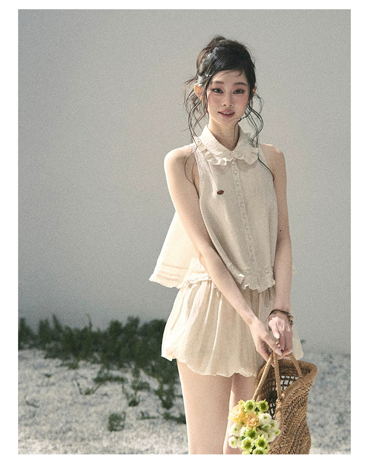 "Soft Cloud Reverie" Dutch Cream Lace Top & Bubble Skirt & Wide-Leg Pants Set 5468465