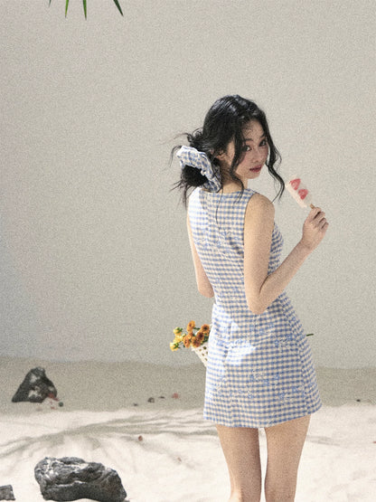 "Sea Breeze Reverie" Sky Blue Embroidered Plaid Mini Dress (With Matching Scrunchie)