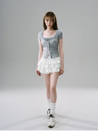 LOST FOREST - White Cotton Ruffle Utility Skirt