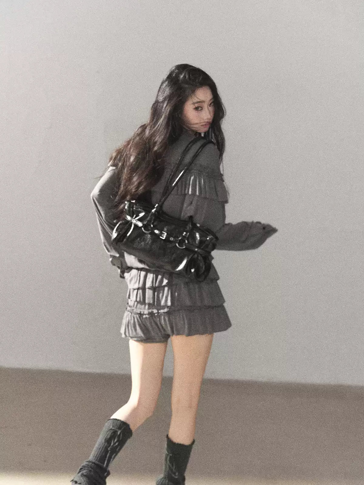 AOMALM - "Echoes in the Folds" Pearl Gray Relaxed Layered Mini Skort Set