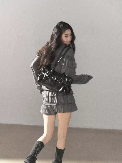 AOMALM - "Echoes in the Folds" Pearl Gray Relaxed Layered Mini Skort Set