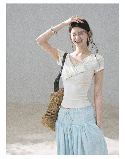 "White Tea Under the Moonlight" White Lace V-Neck Top