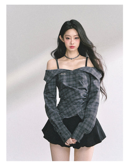 少也眼 "London Reveries" Off-Shoulder Plaid Sun-Proof Shirt - Charcoal Black