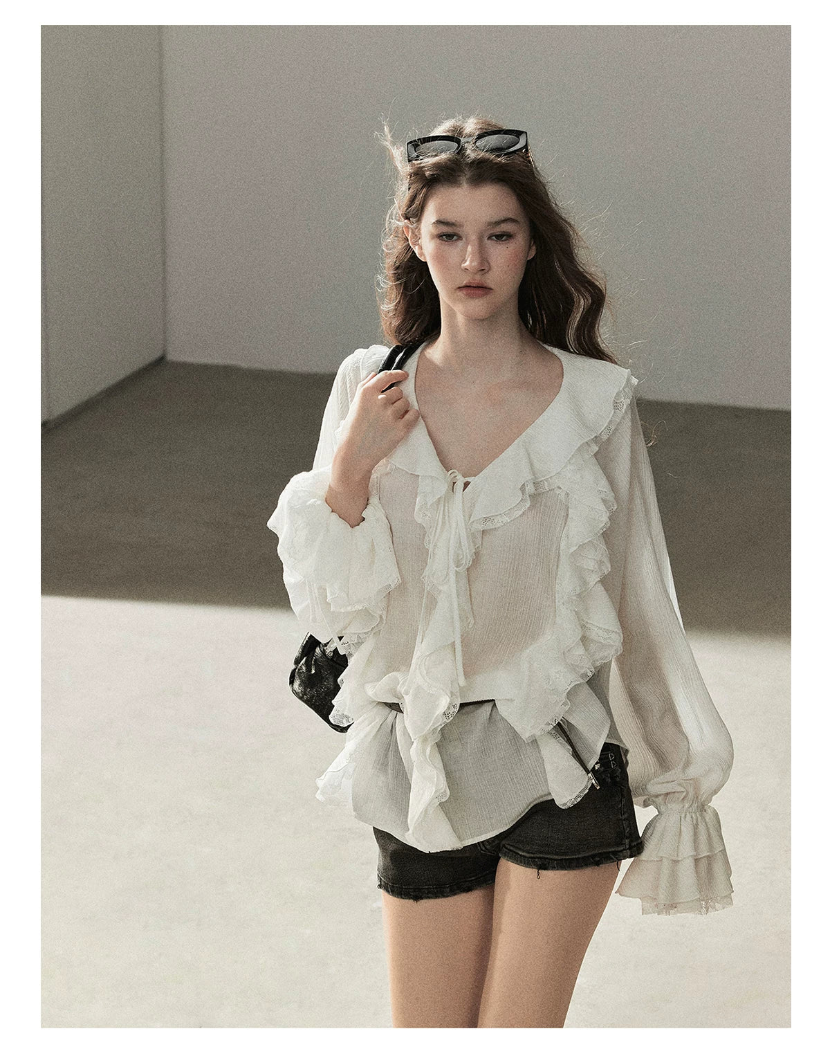 AOMALM - "A Featherlight Touch" French Camellia White Lace Chiffon Top with Belt (Camellia / Oatmeal / Cinnamon Pink)