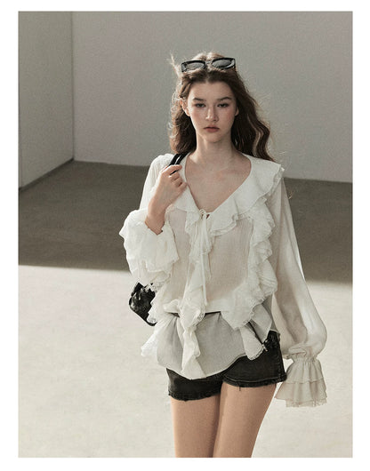AOMALM - "A Featherlight Touch" French Camellia White Lace Chiffon Top with Belt (Camellia / Oatmeal / Cinnamon Pink)