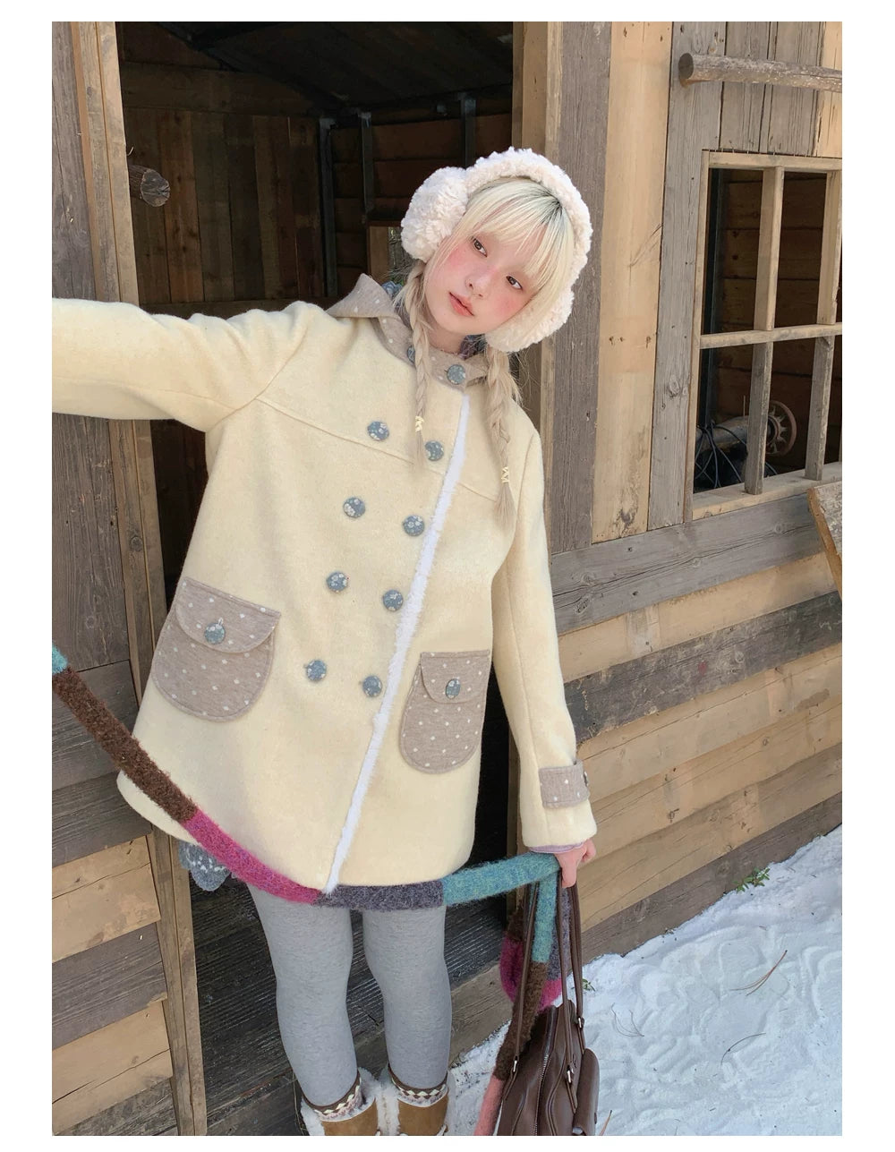 RF - Cream Yellow Hooded Wool-Blend Coat with Polka Dot Pockets