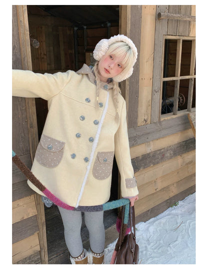 RF - Cream Yellow Hooded Wool-Blend Coat with Polka Dot Pockets
