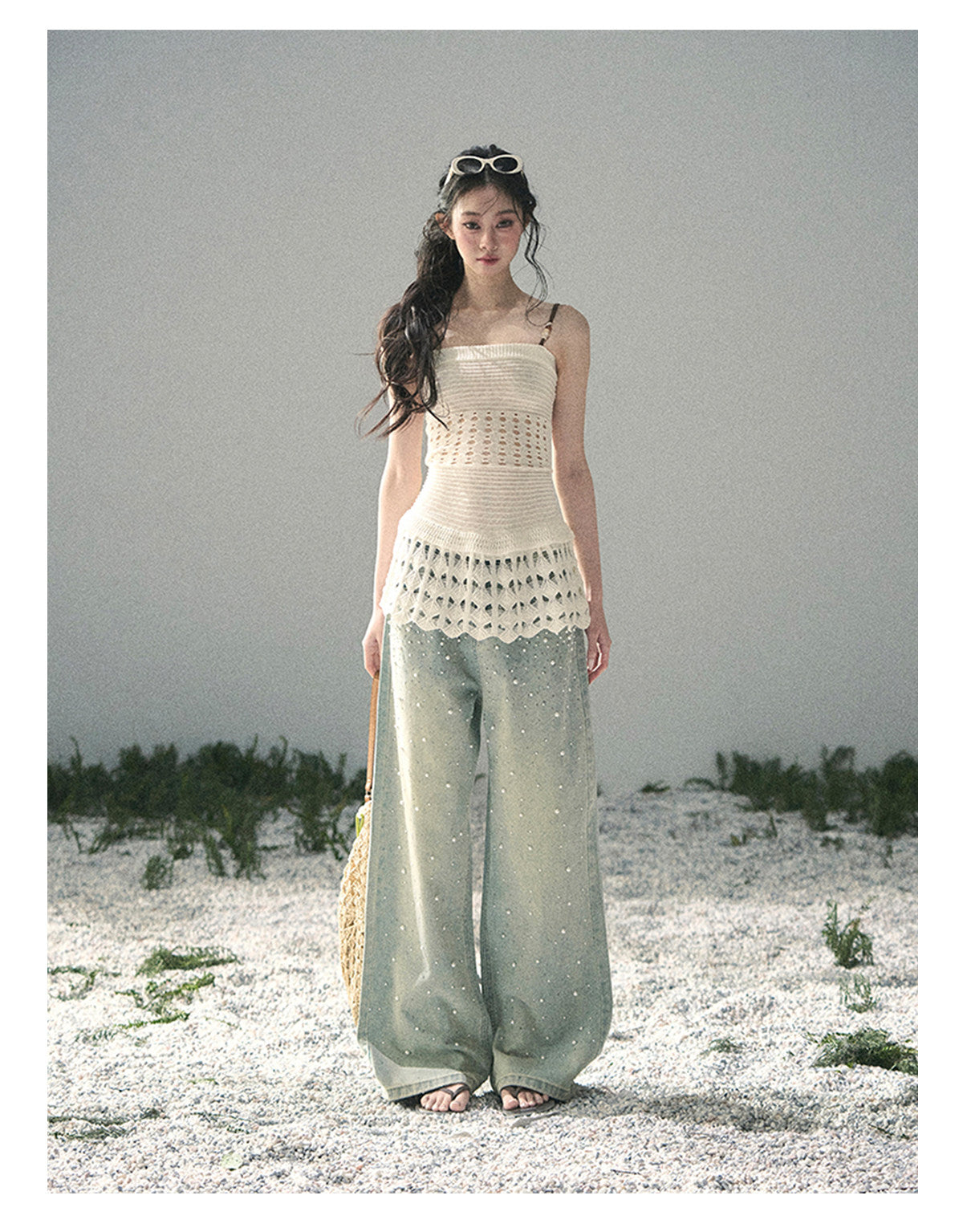 “Fractured Presence” Ivory Open-Knit Cami Top