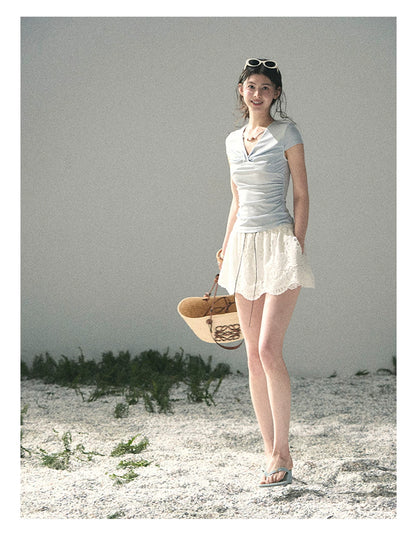 “Sheer Spring Whisper” Moonlight Blue Twist V-Neck Top