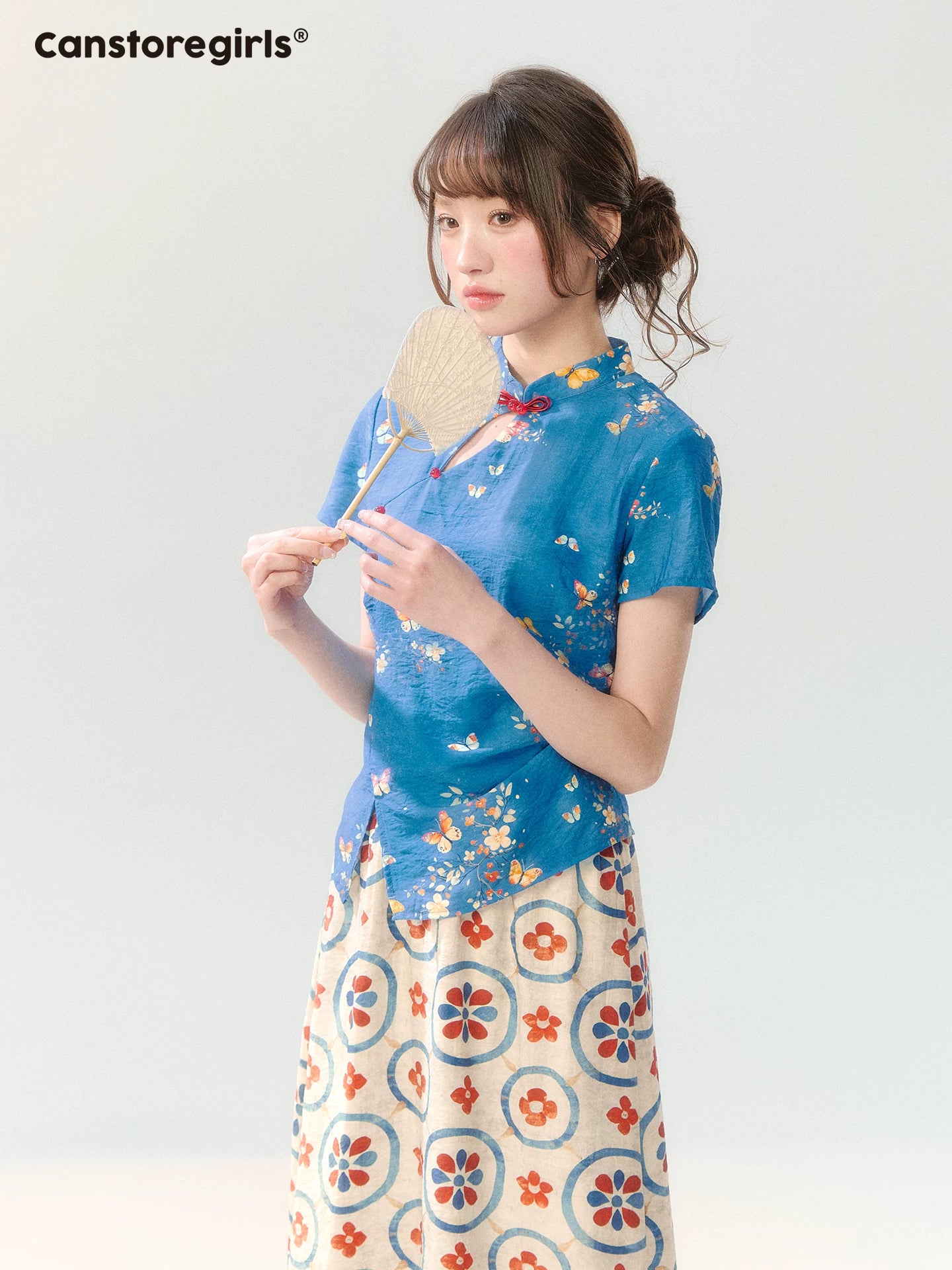 "Garden Letter" Blue Floral New Chinese Two-Piece Skirt Set