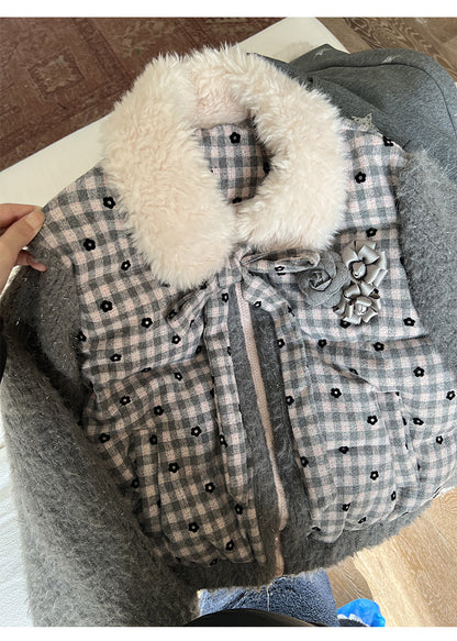 阮阮自制 - "Mist Isle Sakura" Faux-Layered Plaid Fur-Collar Puffer Jacket