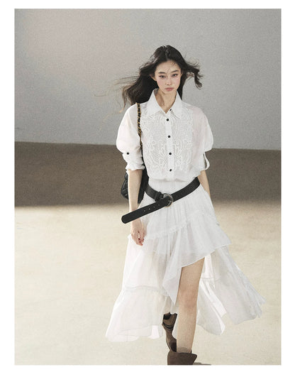 AOMALM - “Her Hemline” White Lace Shirt Dress with Belt