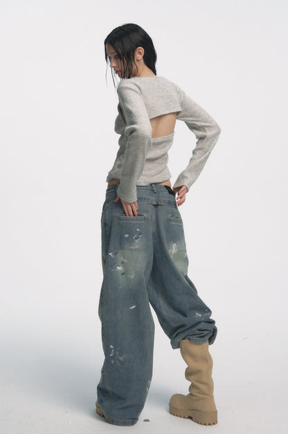 Muirgen - Gray Cut-Out Shoulder V-Neck Knit Top