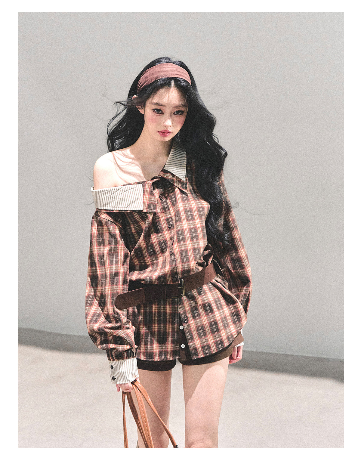 少也眼 “The Street She Passed” Off-Shoulder Plaid Shirt with Belt - Mocha Brown 45368364