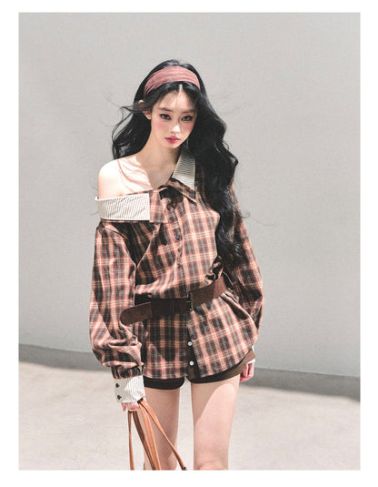 少也眼 “The Street She Passed” Off-Shoulder Plaid Shirt with Belt - Mocha Brown 45368364