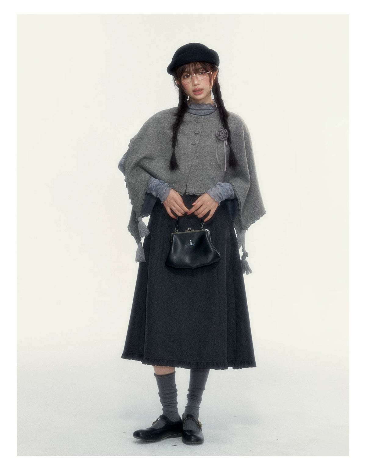 Vintage Double-Breasted Wool Dress & Knit Fringe Cape Set