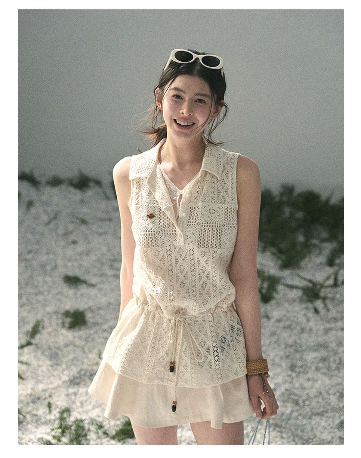 “Summer Breeze Kissing the Hem” Ivory Lace Layered Sleeveless Top