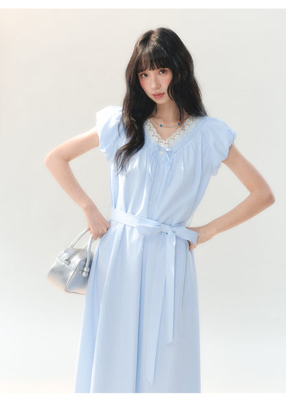 [CAN] "Cloud Daydream" Sky Blue Plaid Lace V-Neck Puff Sleeve Dress