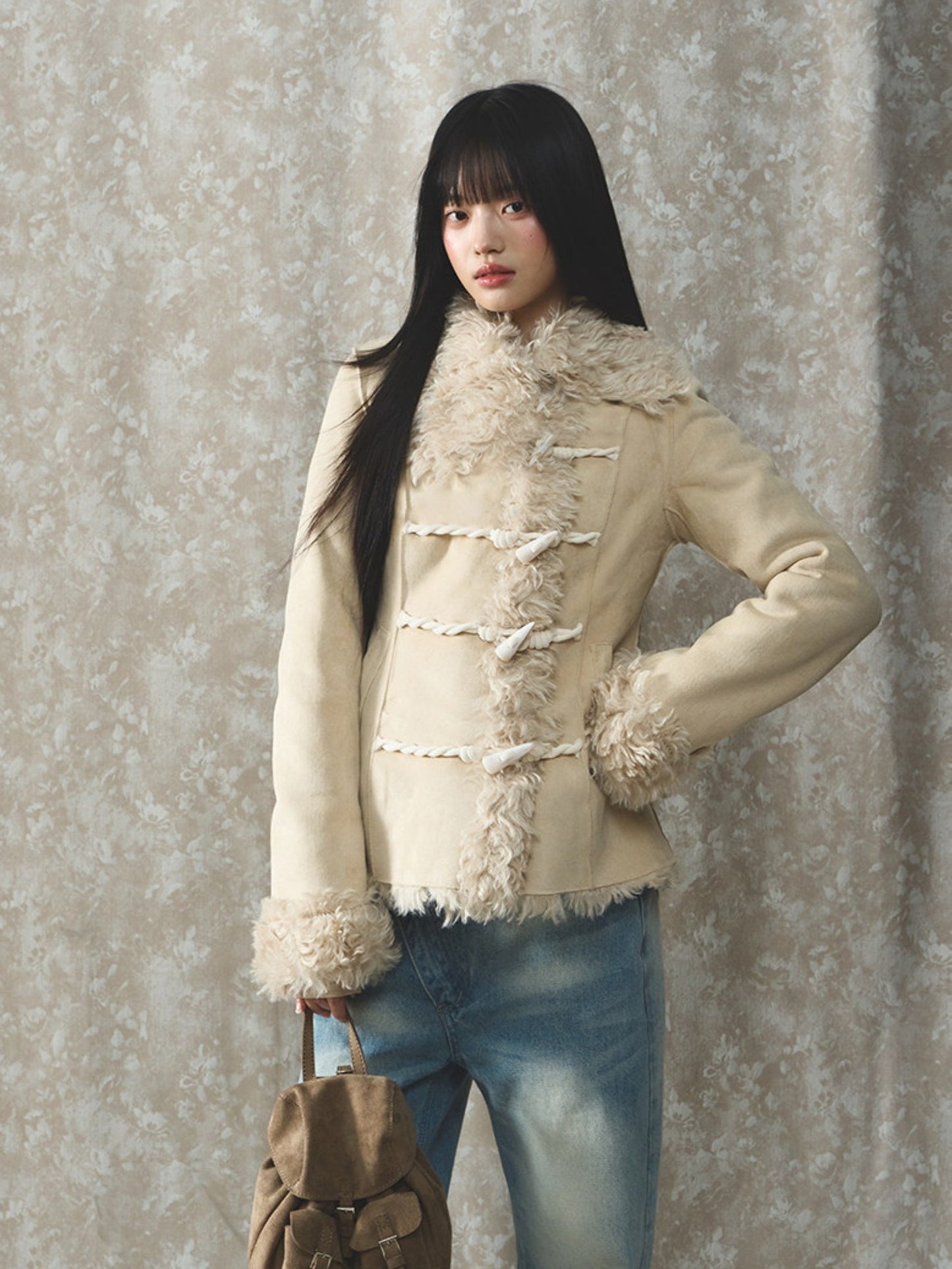 Soote Season - Cream Latte Faux Suede Toggle Belted Shearling Jacket