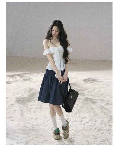 "Lazy Soliloquy" White Peplum Top & Wide-Leg Pants Set