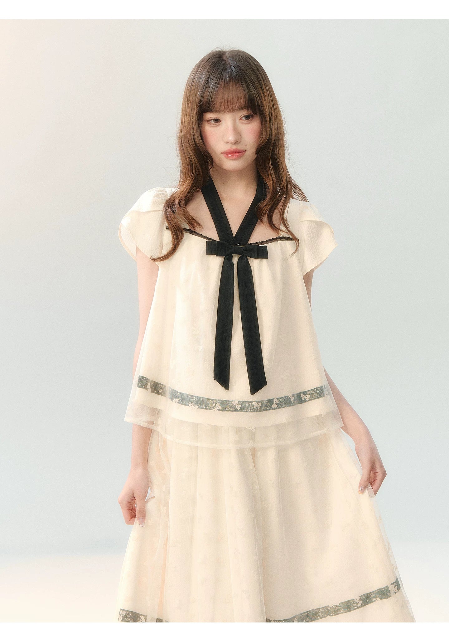 "Velvet Bow Butterfly" Apricot Flocked Tulle Skirt Set PP2026231