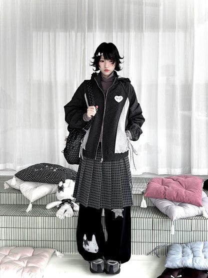 "Cold Air" Black Padded Jacket / Base Layer Top / Polka Dots Skirt / Sweatpants Set