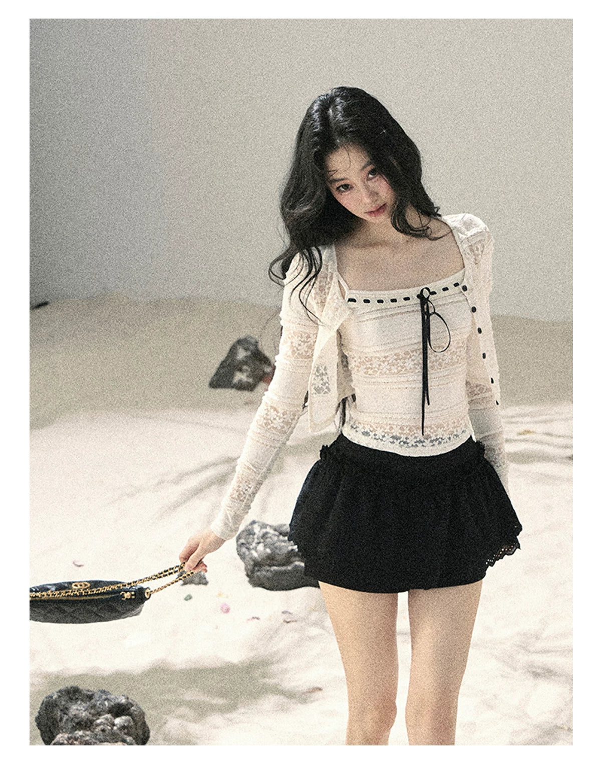 "Summer Shimmer Reverie" Creamy Oat White Lace Cutout Cardigan & Camisole Set 5864536513