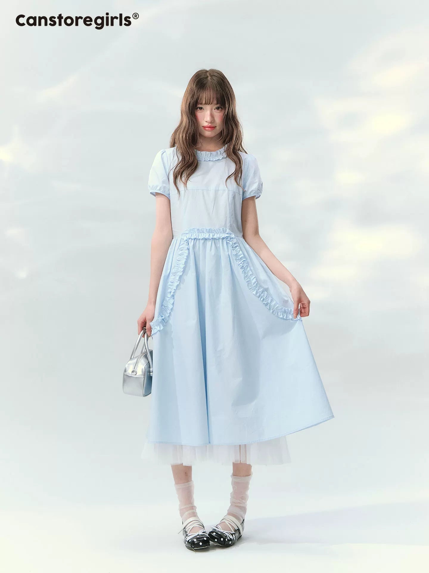 “Cloudside Blue” Mist Blue Puff Sleeve Midi Dress LL2026123