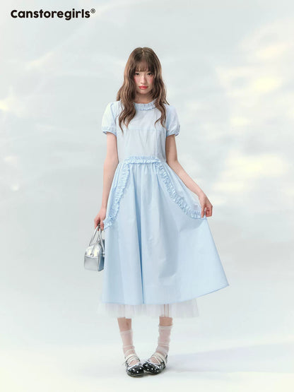 “Cloudside Blue” Mist Blue Puff Sleeve Midi Dress LL2026123