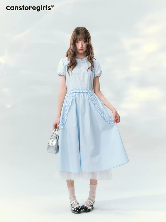 “Cloudside Blue” Mist Blue Puff Sleeve Midi Dress LL2026123