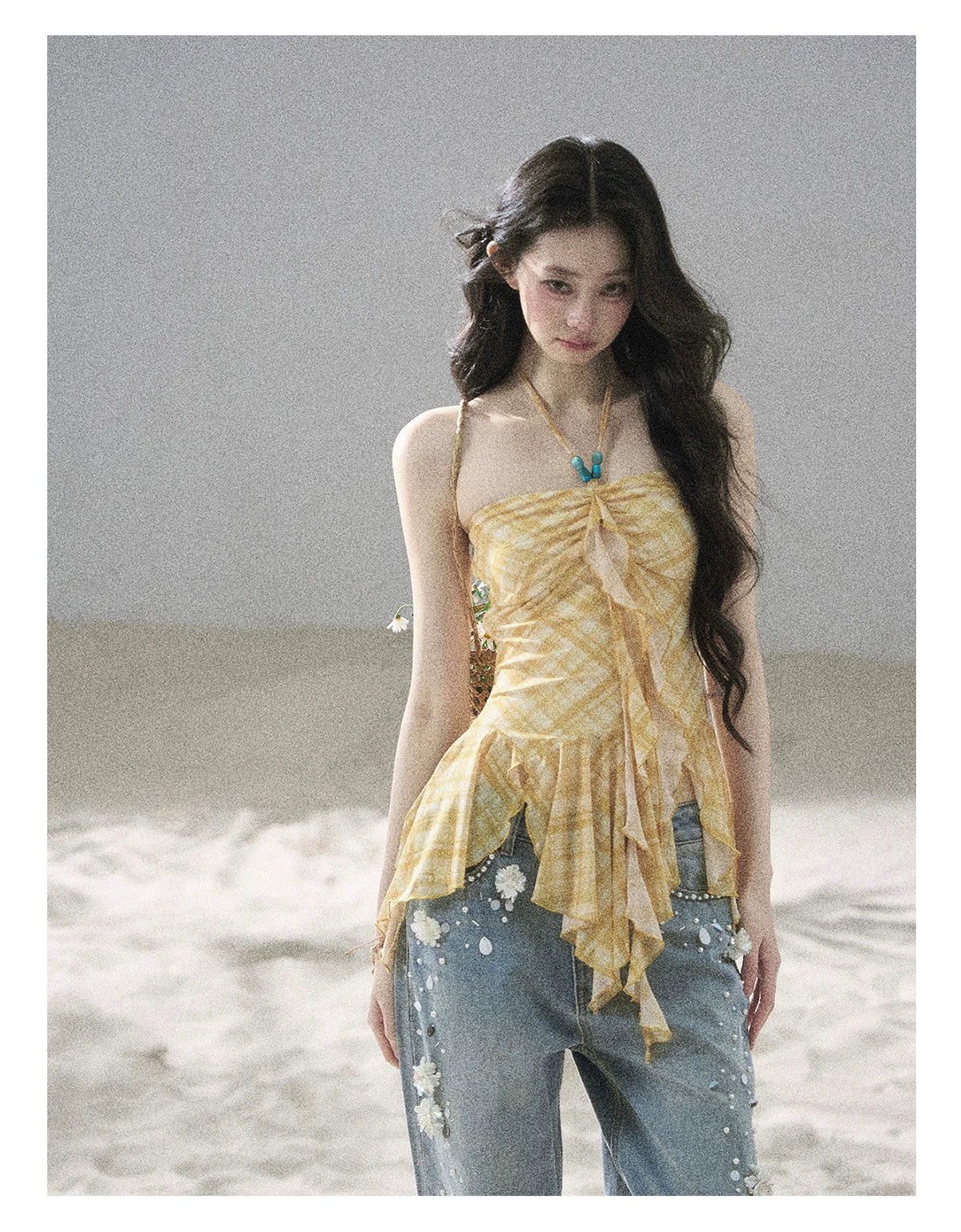 "Fields of Provence" Goose Yellow Halter Plaid Waist-Cinched Top
