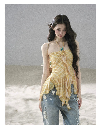 "Fields of Provence" Goose Yellow Halter Plaid Waist-Cinched Top