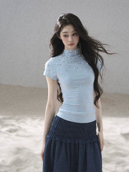 "Scattered Across the Milky Way" Pearl Beaded Knit T-Shirt (Haze Blue/ Sage Gray)