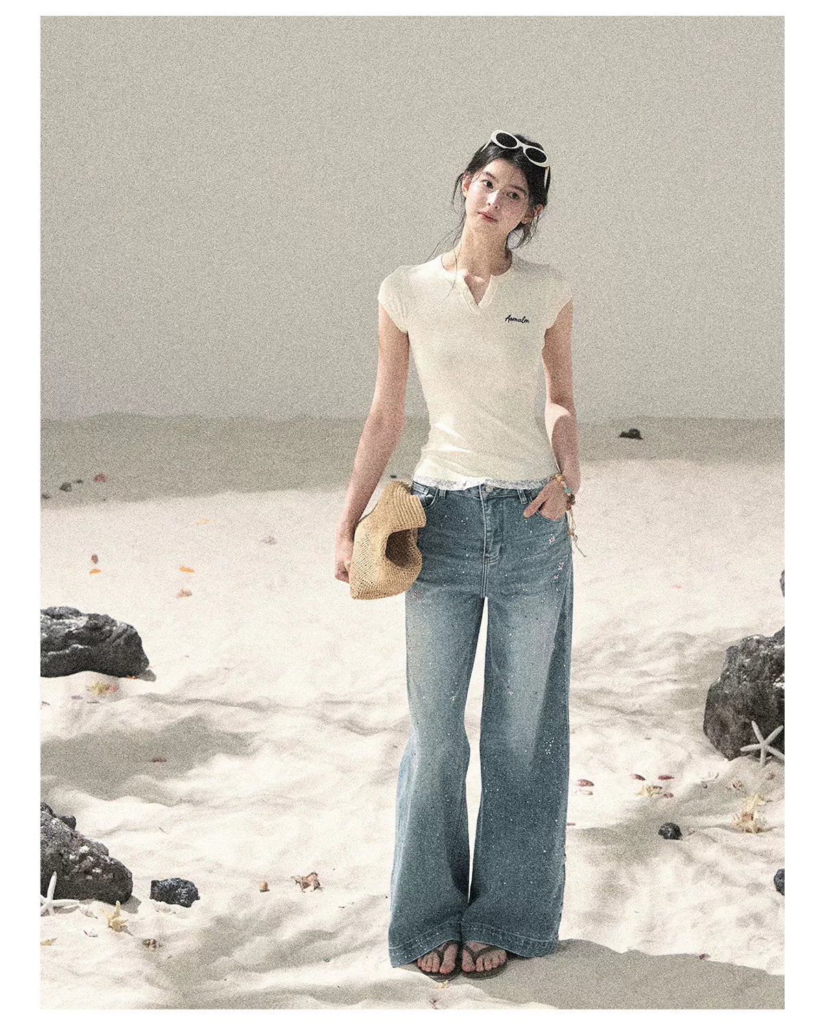 "Starlit River Shimmer" Distant Sky Blue Rhinestone Wide-Leg Jeans 65633