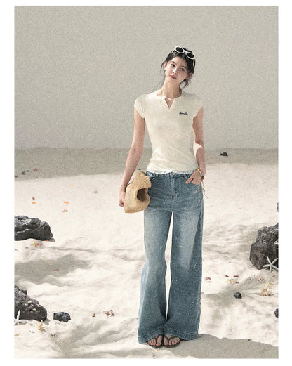 "Starlit River Shimmer" Distant Sky Blue Rhinestone Wide-Leg Jeans 65633