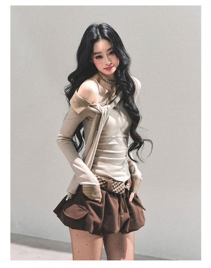 少也眼 “The Quiet Passing” Asymmetric Knit Off-Shoulder Top - Oatmeal 65624