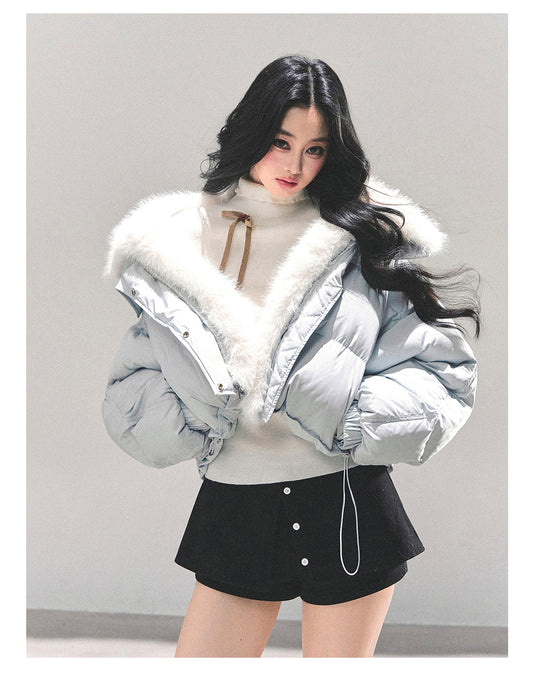 少也眼 "Silent Blue" Faux Fox Collar Down Jacket 784651