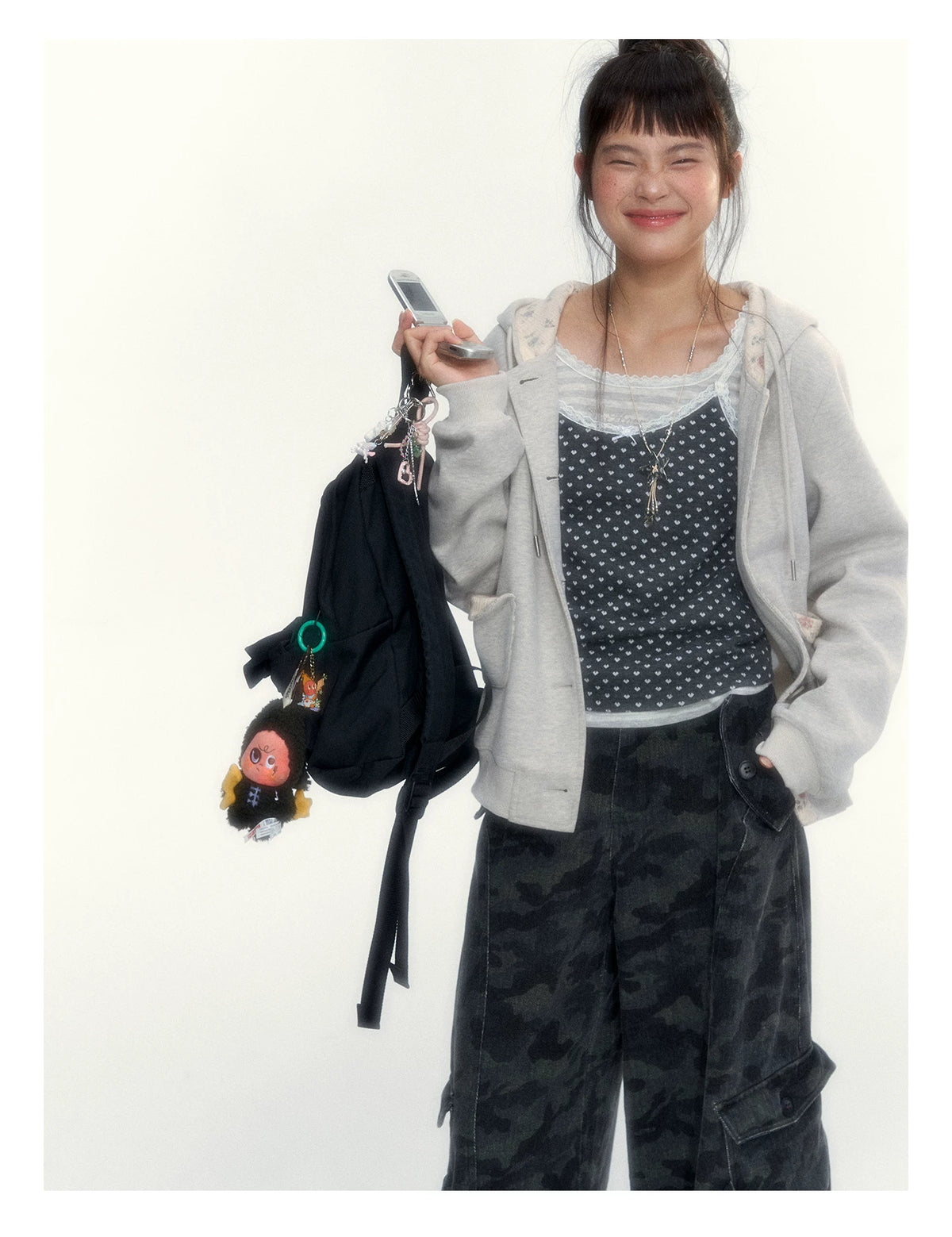 “Early Gray” Light Gray Striped Lace-Trimmed Fitted Long-Sleeve Top
