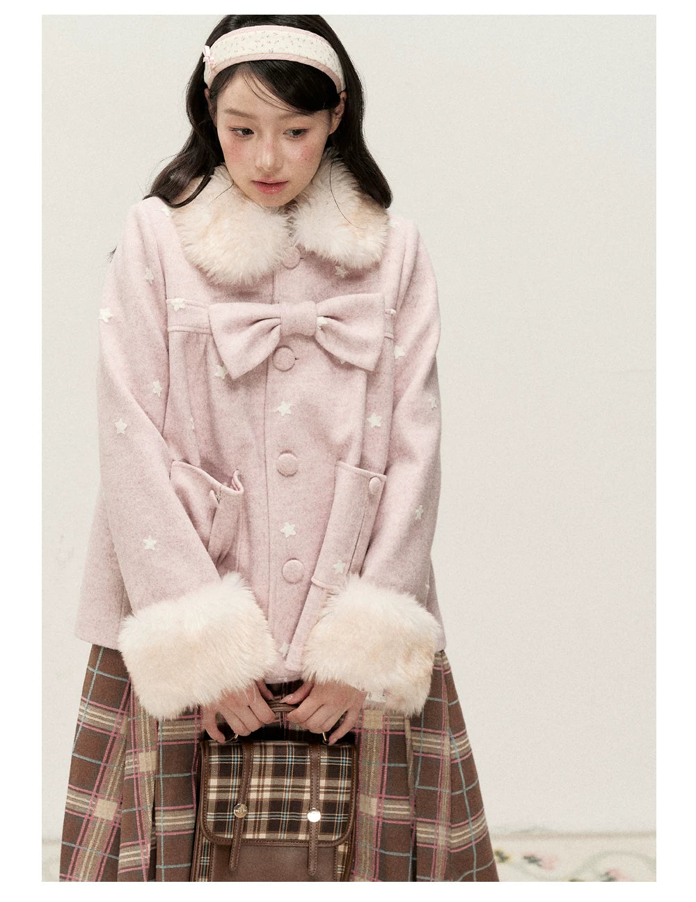 RF - Peach Pink Ombre Faux Fur Collar Wool-Look Jacket with Star Embroidery