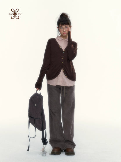 “Chestnut Book Knit” Red Brown Faux-Layered Colorful Button Cardigan