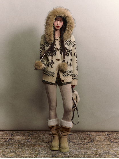 Soote Season - Fair Isle Cream Hooded Toggle Knit Jacket - Light Cream