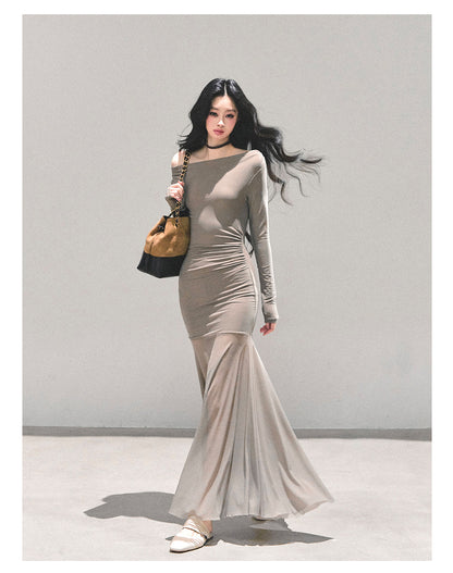 少也眼 "The Silent Heiress" Ash Camel Slim-Fit Evening Maxi Dress 76867845