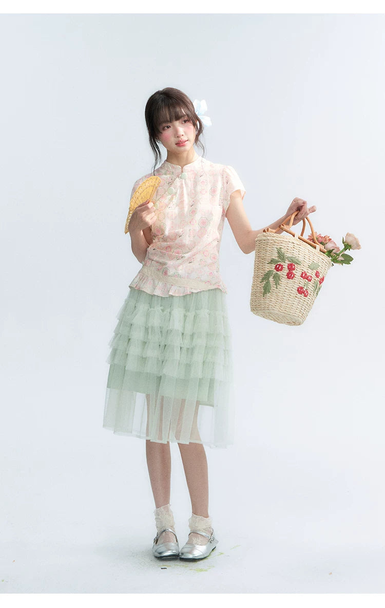 "Lime Mille-Feuille Glow" Peach Mist Chinese-Inspired Short Sleeve Top & Lime Green Tulle Tiered Skirt Set